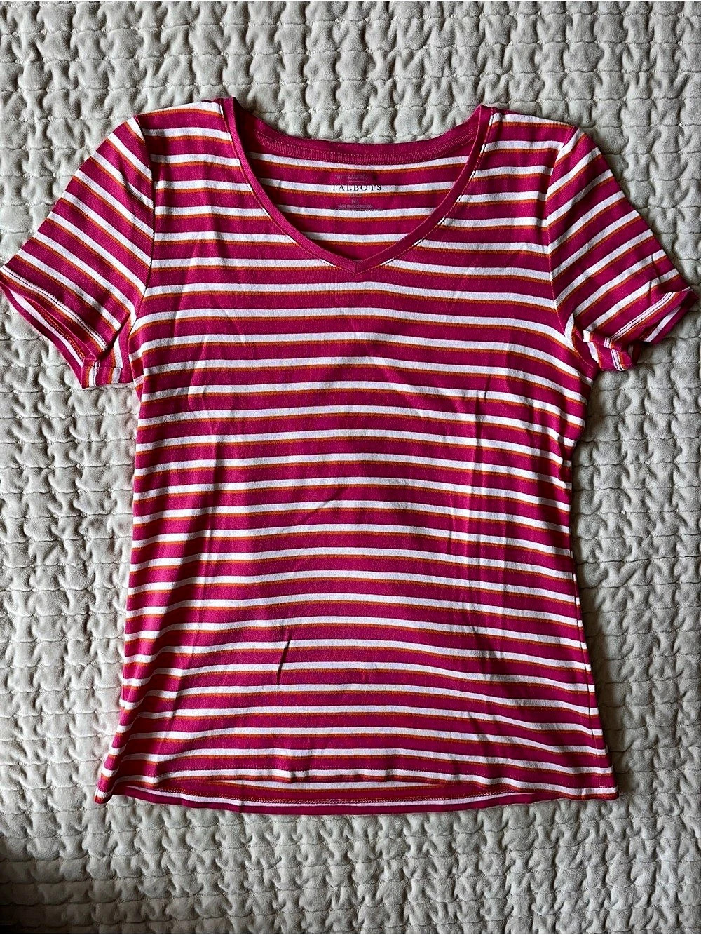 Talbots Striped Short Sleeve Top Pink & White Size Medium Petite